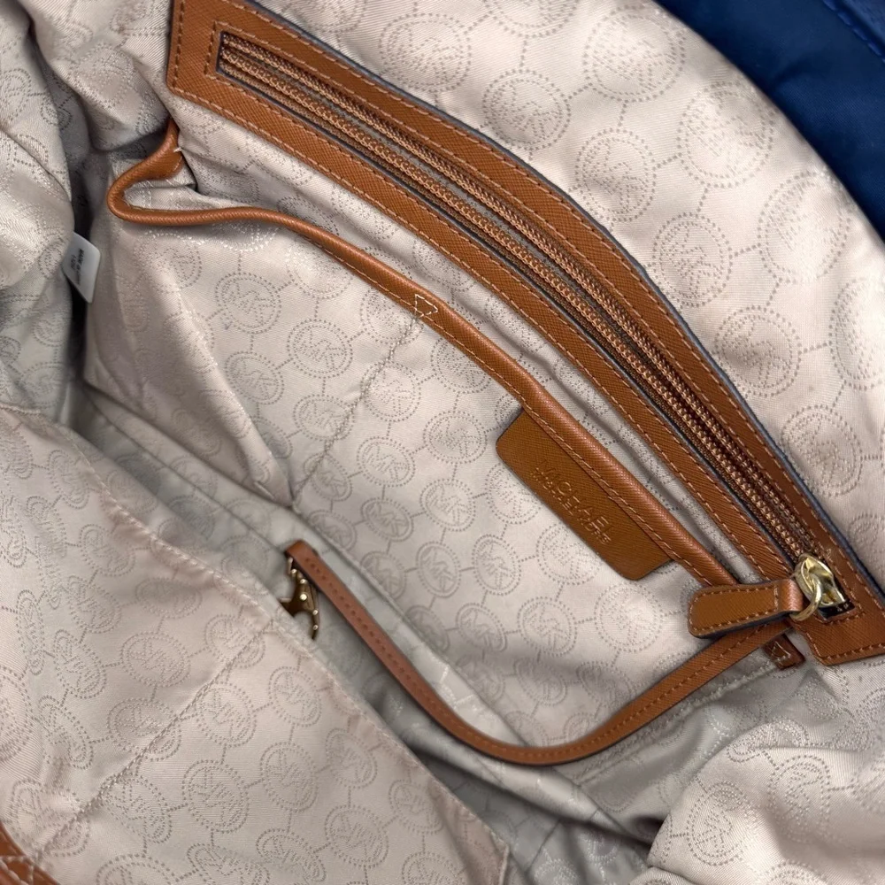 Michael Kors Kempton Navy Blue Nylon Brown Leather Tote HandBag Retail $138